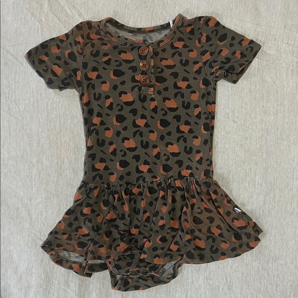 Posh Peanut Leopard Print Ruffle Baby Dress Romper - Olive & Rust 18-24 months